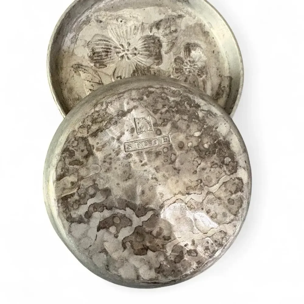 Vintage Stede Pewter Floral Coasters Set of 2 Embossed Flowers Patina